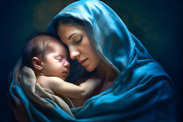 Wall Mural -  Holy Mary holding baby Jesus Christ in her arms. Graphic representation. AI generativ.