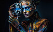 © ADDICTIVE STOCK - Generative AI illustration of woman with makeup wearing colorful rough leather jacket and gloves technological wires on head holding futuristic camera