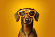 © paffy - Serious Dachshund dog in glasses looking at camera, on bright yellow background. AI generative.