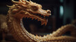 © ADDICTIVE STOCK - Generative AI illustration soft focus of golden dragon with rough skin sharp teeth and open mouth in darkness with glowing light