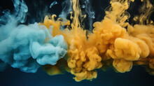 Generative AI illustration of abstract yellow and blue fluffy pastel ink smoke cloud in water