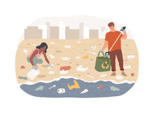Coastal Pollution Isolated Concept Vector Illustration. Marine And Coastal Pollution, Plastic Ocean, Beach Area Clean Up, Sea Water Contamination, Toxic Waste Management Vector Concept.