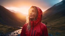 A Woman In A Red Jacket Standing In Front Of A Mountain. Generative AI Image.