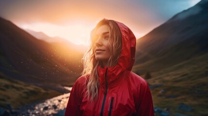 A woman in a red jacket standing in front of a mountain. Generative AI image.