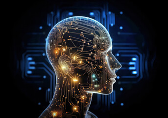 Poster - Transparent human head with computer circuitry. Enhanced human abilities through technology