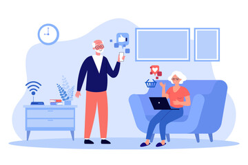 Poster - Happy grandfather and grandmother using smartphone and laptop. Elderly man using social media application on phone, old woman shopping on laptop vector illustration. Senior life, technology concept