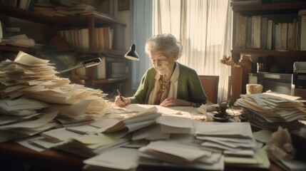 Poster - A woman sitting at a desk with lots of papers. Generative AI image.