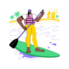 Poster - stand up paddling rental isolated cartoon vector illustrations. young sporty man boating near city p