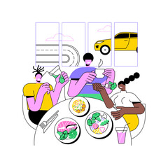 Poster - Rest area isolated cartoon vector illustrations. Group of friends snacking in cafe, stop at a restaurant, people lifestyle, travel time, eating on a road trip, make a rest vector cartoon.