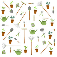 Fond, tapisserie, motif, background avec outils de jardinage, plantes, arrosoir, pelle, r√¢teau et r√¢teau √† feuille. Ic√¥nes sur fond transparent.