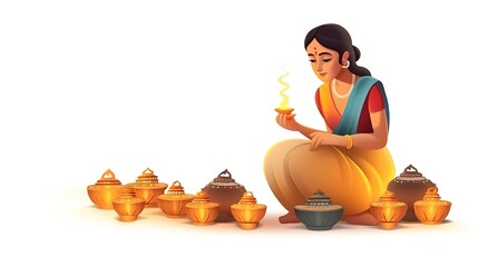 Wall Mural - Lady with diwali diya for happy diwali, Generative ai