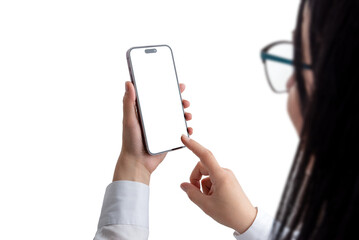 Poster - Woman touches app on smartphone with isolated, transparent screen and background. Above shoulder view. Suitable for various app presentation