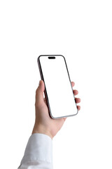 Hand with white shirt holding modern mobile phone with camera built in display. Isolated, transparent screen and background for mockup, app presentation. Close -up