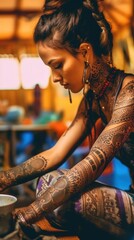 Poster - A woman with tattoos on her arms and arms. Generative AI image.