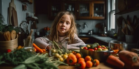 a little girl sitting in front of a table full of vegetables. generative ai image.