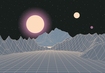 Poster - retro futuristic landscape with mountains and sun in deep space. 80s styled synthwve landscape with 