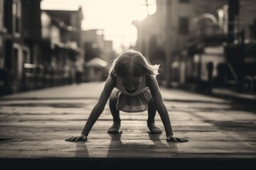 Poster - A little girl doing a handstand on a sidewalk. Generative AI image.