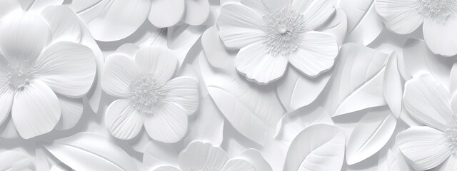 Wall Mural - White bright abstract floral flowers leaves 3d tiles wall texture background banner panorama, flower leaf pattern illustration Generative AI