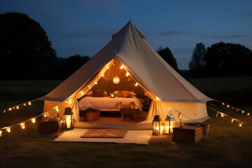 tent nature travel glamping vacation canvas light camping forest luxury. generative ai.