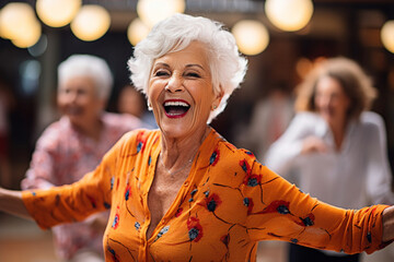 a senior woman enthusiastically participating in a lively dance class, surrounded by other energetic