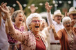 © Катерина Євтехова - A group of seniors dressed in festive attire, dancing and celebrating at a lively community event, elderly happy people, old age, bokeh Generative AI