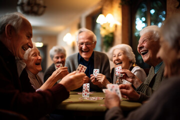 A group of elderly individuals engaging in a friendly game of cards, their laughter and camaraderie filling the room, elderly happy people, old age, bokeh Generative AI