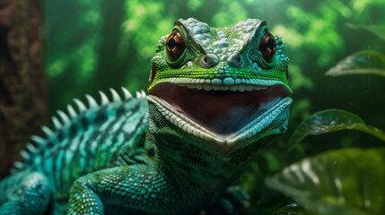 Wall Mural - lizard reptile glasses iguana portrait animal scale close-up wildlife green. Generative AI.