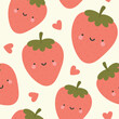 Cute strawberry fruit kawaii face seamless pattern, abstract repeated cartoon background, vector illustration