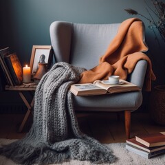 A chair with a blanket and a book on it. Generative AI image.