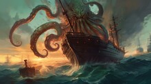A Kraken Attacking A Ship.