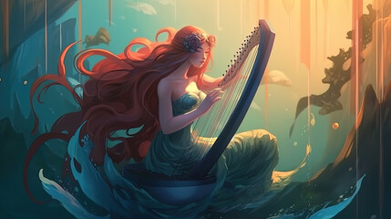 Wall Mural - A mermaid with a harp. Fantasy concept , Illustration painting. Generative AI