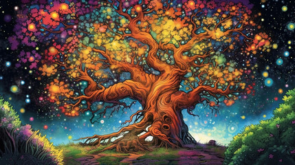 Wall Mural - A mythical tree with magical powers. Fantasy concept , Illustration painting. Generative AI