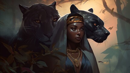 Wall Mural - A powerful sorceress, black woman and her faithful companion, a majestic black panther. Fantasy concept , Illustration painting. 