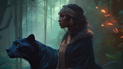 Wall Mural - A powerful sorceress, black woman and her faithful companion, a majestic black panther. Fantasy concept , Illustration painting. 