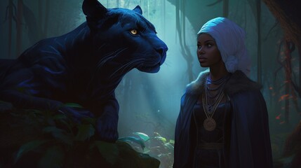 Wall Mural - A powerful sorceress, black woman and her faithful companion, a majestic black panther. Fantasy concept , Illustration painting. 
