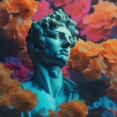 Sticker - A statue of a man surrounded by flowers. Generative AI image.