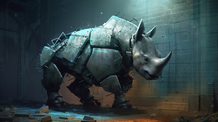 Wall Mural - A robotic rhinoceros breaking through a wall. Fantasy concept , Illustration painting. Generative AI