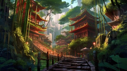 Wall Mural - A scenic bamboo forest with a hidden temple and a monk's training ground. Fantasy concept , Illustration painting. Generative AI