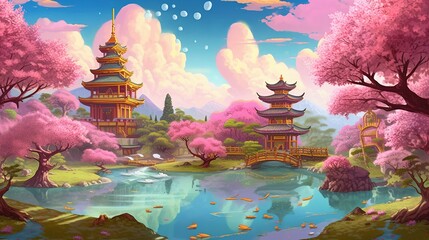 Wall Mural - A scenic cherry blossom garden with a pagoda and a peaceful pond. Fantasy concept , Illustration painting. Generative AI