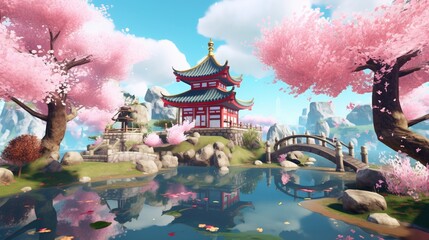 Wall Mural - A scenic cherry blossom garden with a pagoda and a peaceful pond. Fantasy concept , Illustration painting. Generative AI