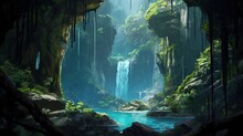A Scenic View Of A Waterfall In A Lush Forest, With A Hidden Cave Behind It. Fantasy Concept , Illustration Painting. Generative AI