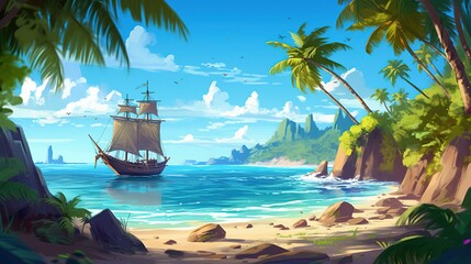 Wall Mural - A scenic summer beach with palm trees and a crystal clear ocean. Fantasy concept , Illustration painting. Generative AI