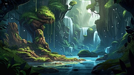 Wall Mural - A scenic view of a waterfall in a lush forest, with a hidden cave behind it. Fantasy concept , Illustration painting. Generative AI