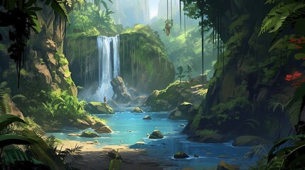 Wall Mural - A scenic view of a waterfall in a lush forest, with a hidden cave behind it. Fantasy concept , Illustration painting. Generative AI