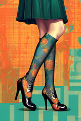 Wall Mural - Side view of a woman's legs wearing Mary Jane styled knee high boots in black patent leather with floral pattern, Generative AI