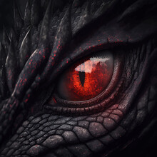 Dragon Eye. Red Eye Of Evil Fantasy Brown Dragon. Mythological Creatures. Animal Eye. Fantastic Monster. Ancient Reptile. Dark Tones. Closeup. 3D Vector Illustration