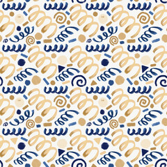 Pattern with gold and blue confetti,swirls, stars. Christmas background