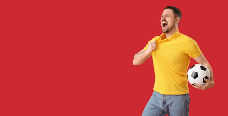 Sticker - Emotional man with soccer ball on red background with space for text