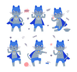 Poster - Superhero Grey Cat Wearing Blue Mask and Cape Having Super Power Vector Illustration Set