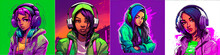 The Artwork Features Comic Book-style Graffiti. The Dark-skinned Character Wears A Hoodie And Headphones With Large Green And Purple Flowers. The Hair Is Dark. Style With Purple And Green Stripes.